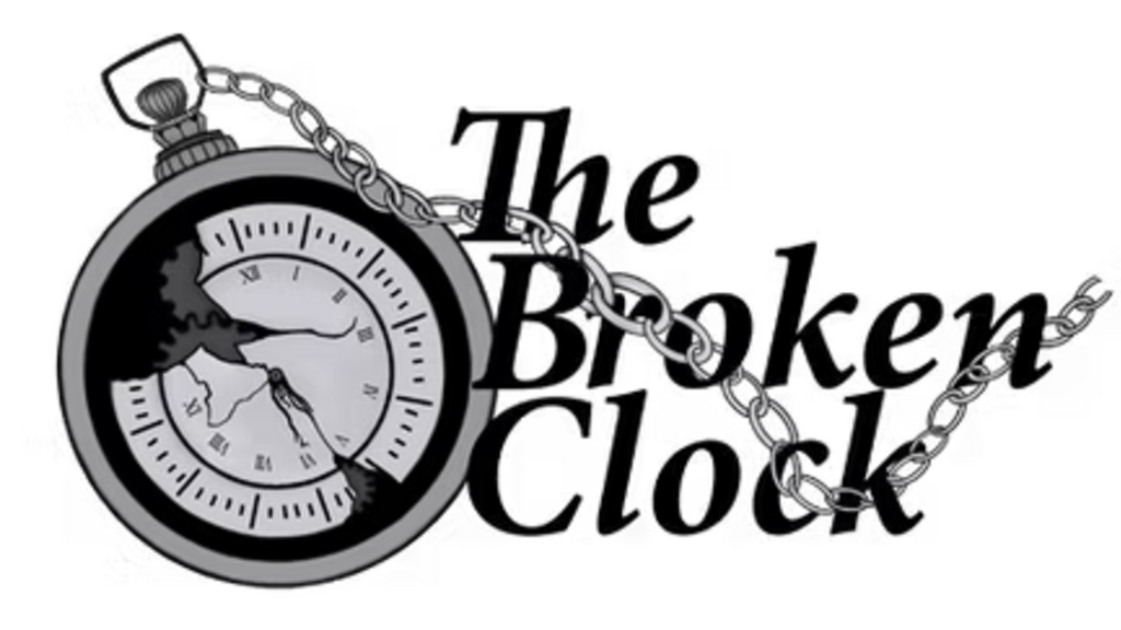 Stopwatch next to text reading "The Broken Clock"