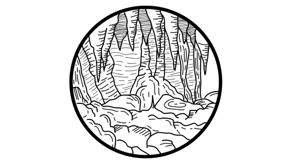 Pencil illustration of interior of a cave