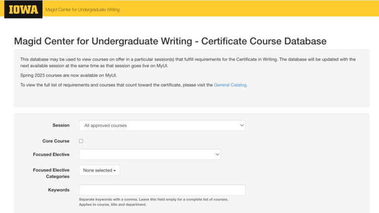 Screenshot of the Magid Center Course Database website